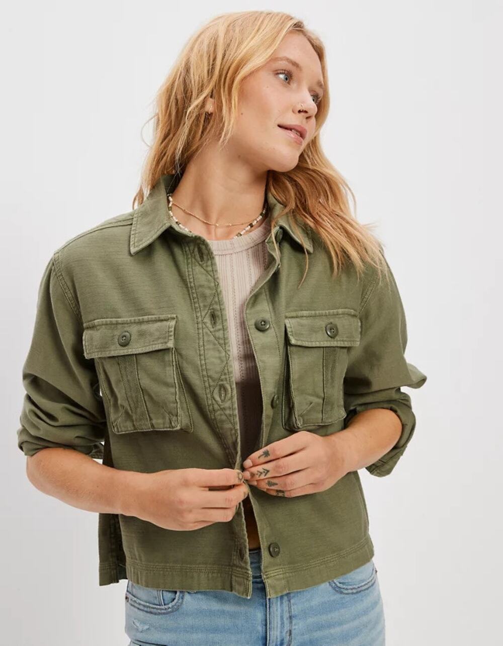 American Eagle AE Cropped Long-Sleeve Cargo Button-Up Shirt, Womens Sz L